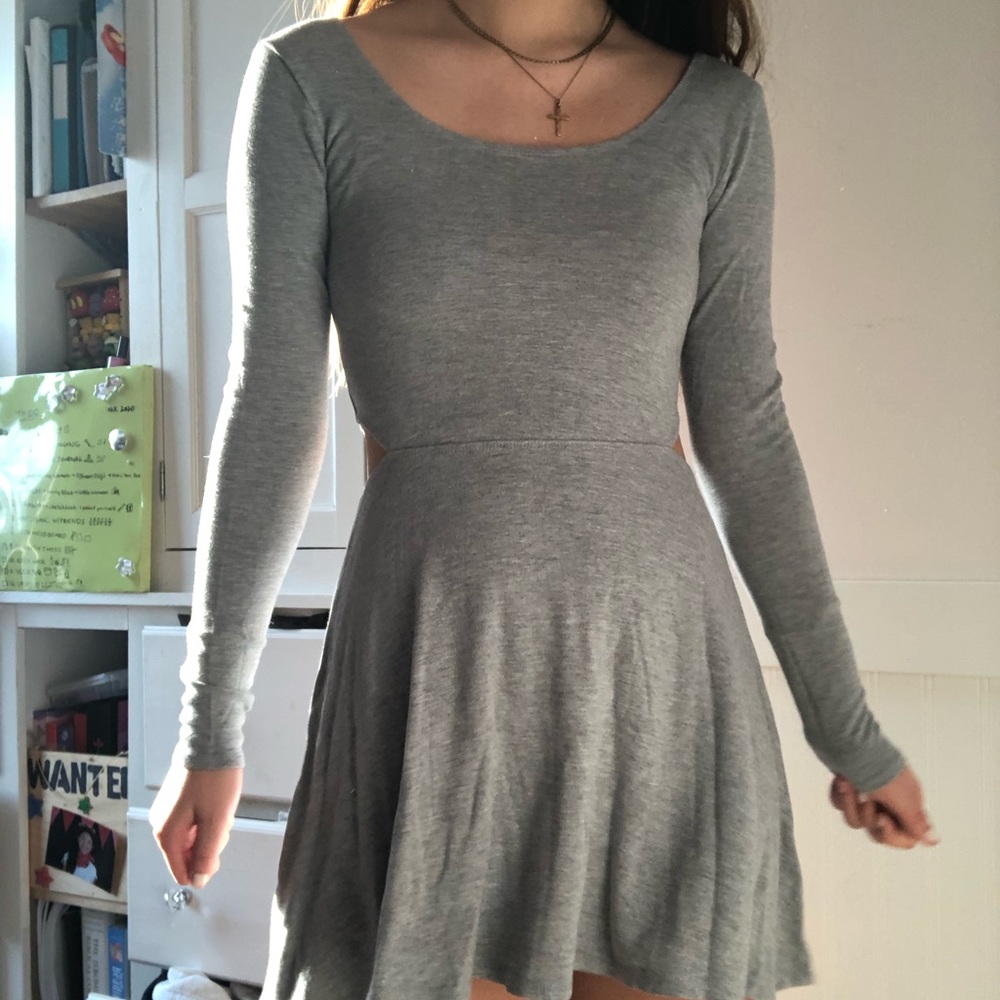 Garage grey long sleeve fitted cutout skater dress